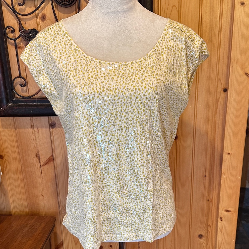 LOFT Yellow Sequin Short Sleeve Top